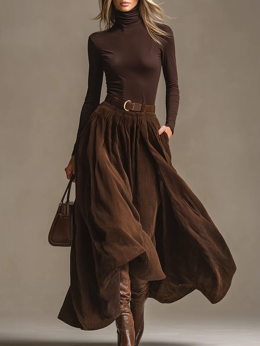 Vintage Fashion Retro Outfit - Retro Uzun Kollu Kadife Uzun Etek