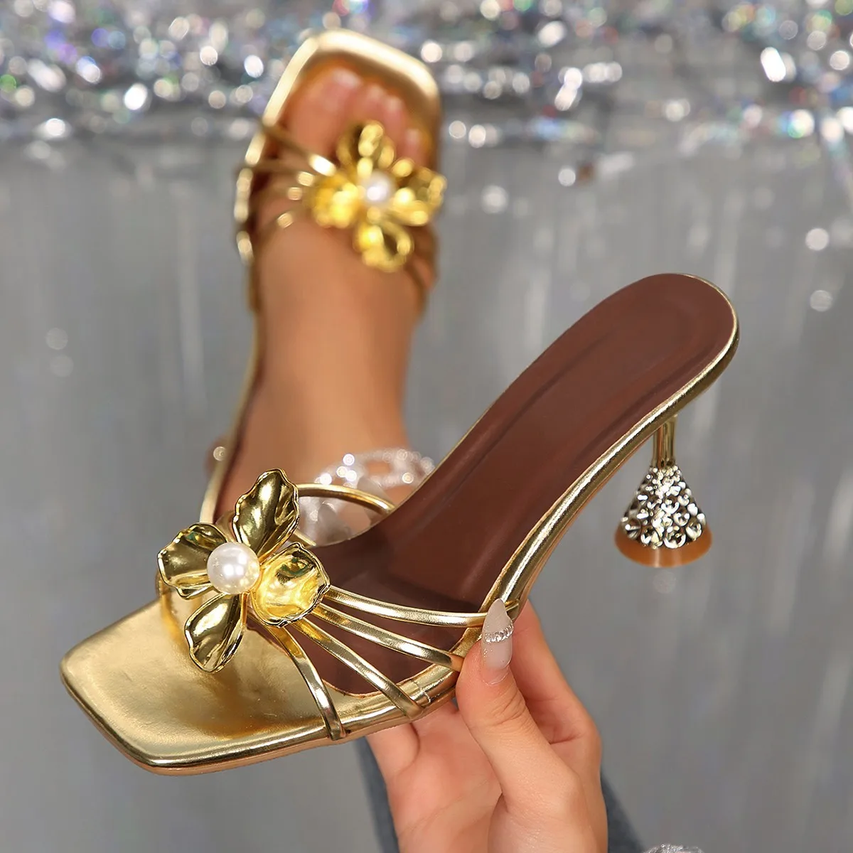 Vintage Fashion Style - Vintage Metal Çiçek Kristal Koni Topuklu