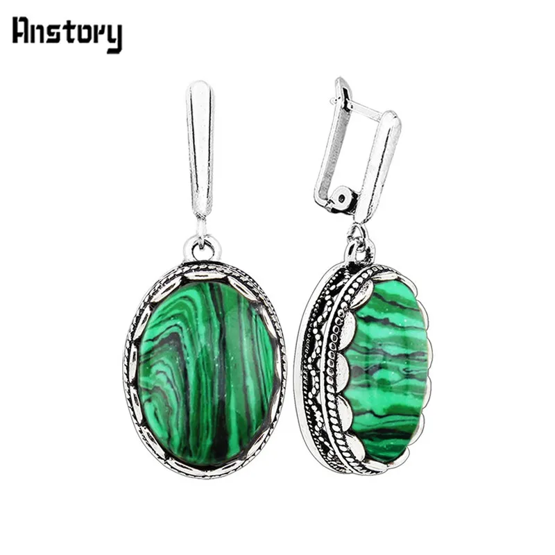 Vintage Fashion Looks - Çiçek Oval Malakit Dangle Küpe Vintage