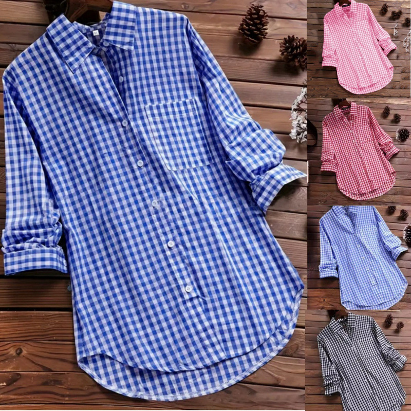Vintage Fashion Ebay - Gevşek Ekose Gömlek Yaka Uzun Kollu