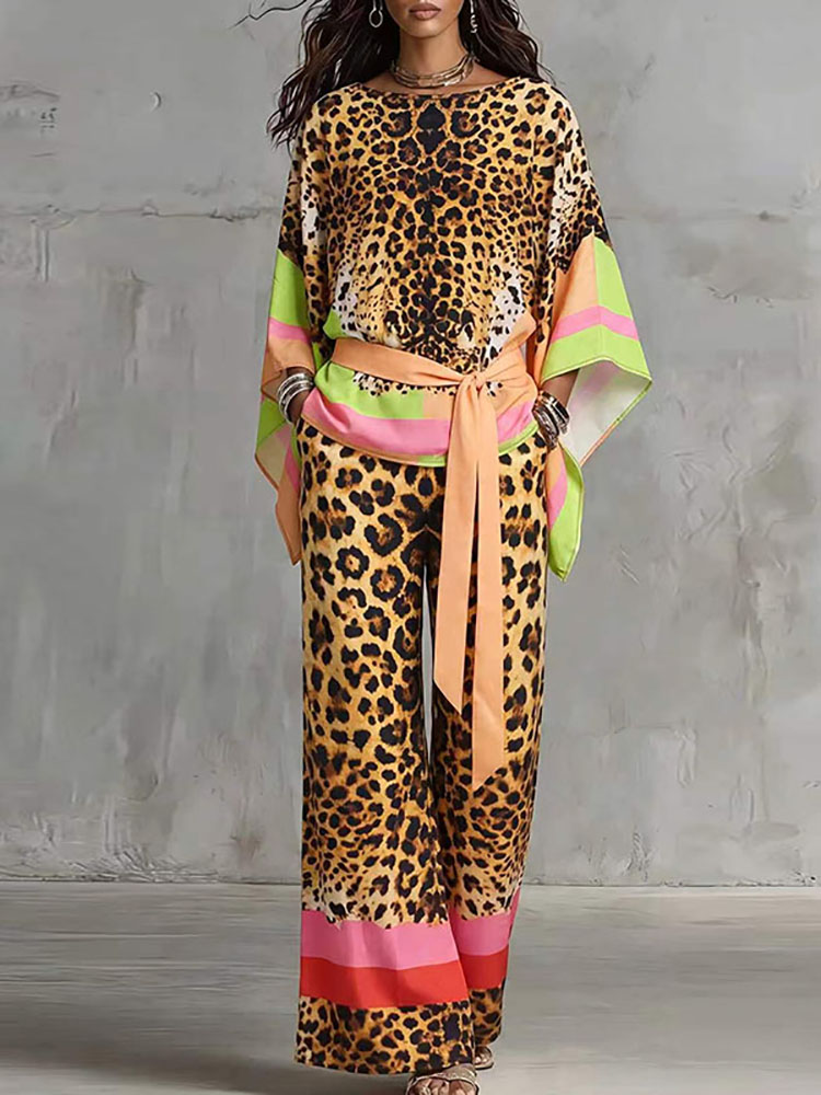 Vintage Fashion Retro Outfit - Retro Leopar Desenli Bol Yazlık Takım