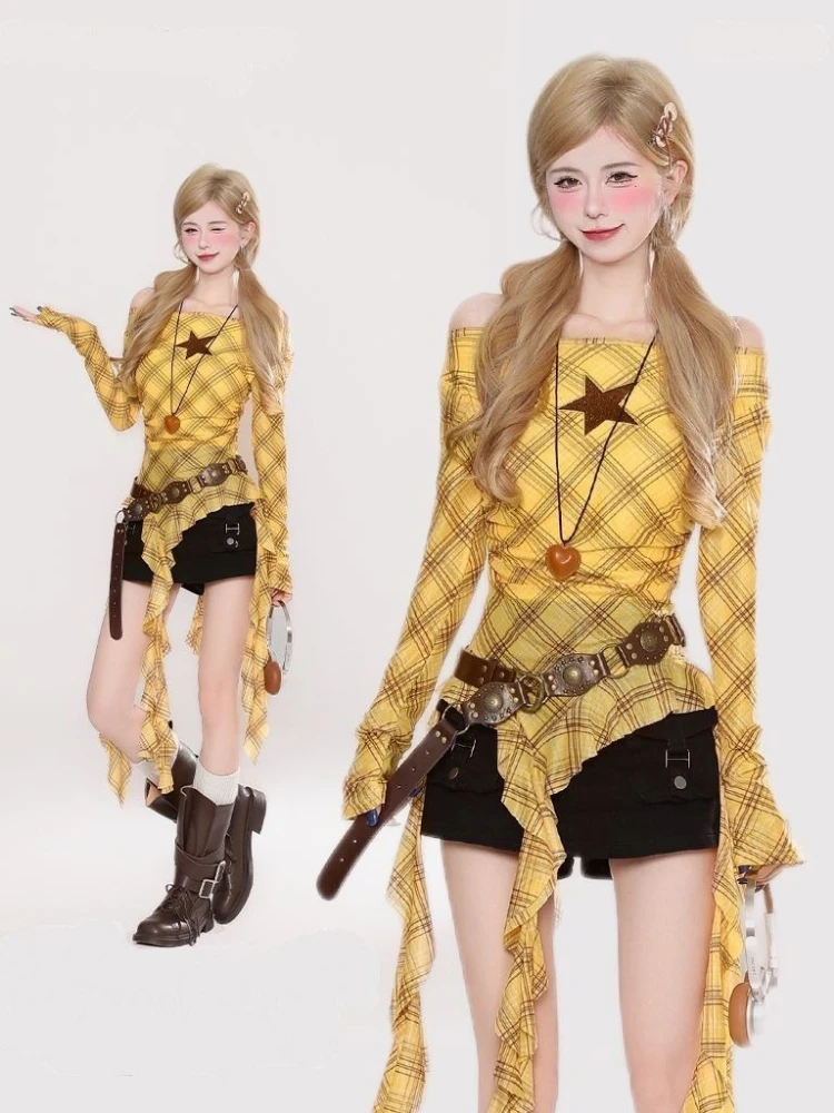 Y2K Ekose Slash Yaka Vintage K - Vintage Fashion Y2K incelemesi ve fiyatı